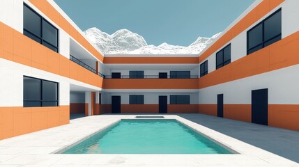 Fototapeta premium Modern Orange White Building Courtyard Pool Mountain View