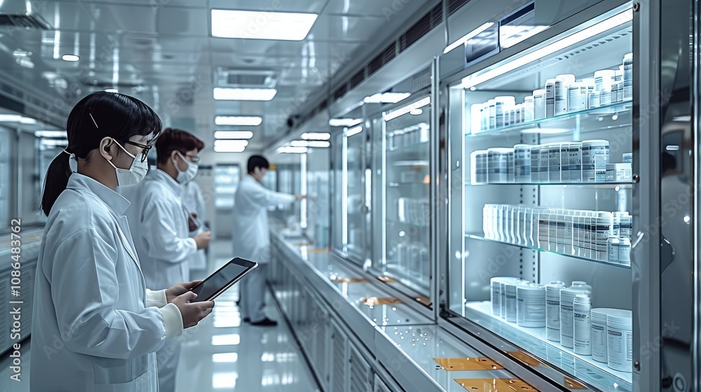 Aufkleber A pharmaceutical research lab manages an inventory management system using automatic data analysis on tablets and mobile devices.