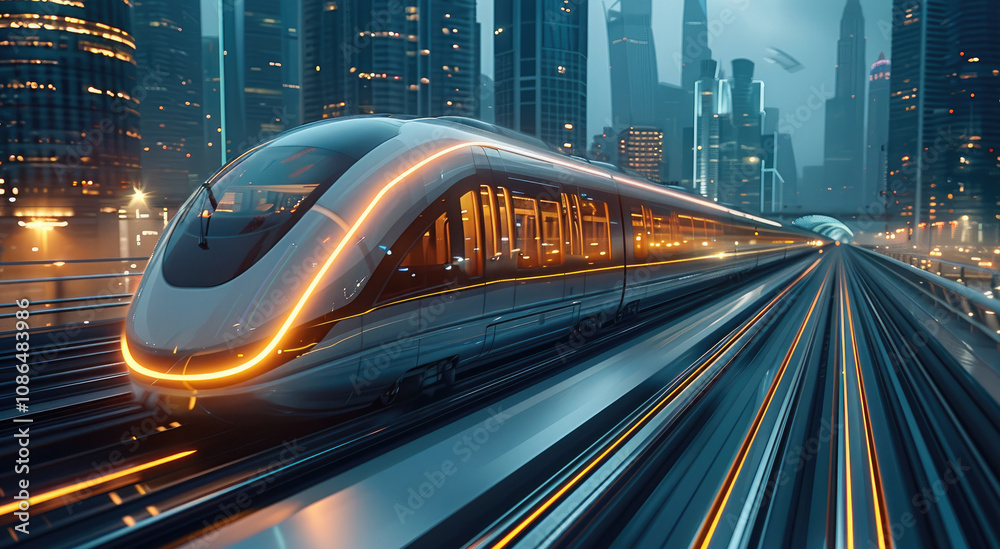 Poster a futuristic high-speed train speeding through a bustling modern city. with skyscrapers, creating a 