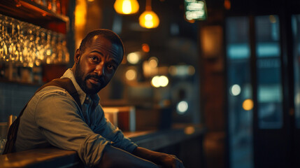 A thoughtful man relaxes at a bar with warm lighting in the evening