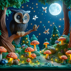 Obraz premium A 3D clay render of a magical forest scene at night with glowing mushrooms, twinkling fireflies, and a wise old owl perched on a branch.