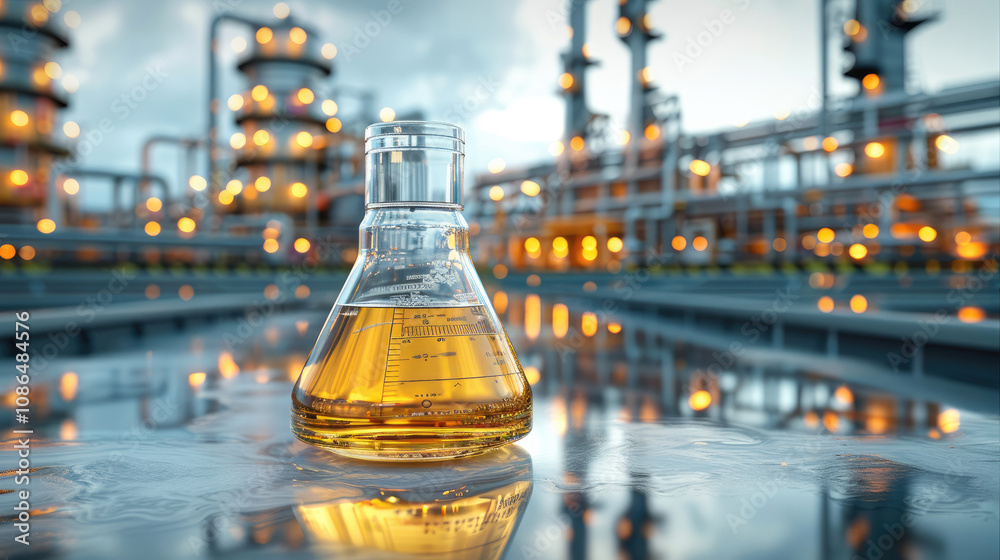 Aufkleber oil sample placed on a lab table with refinery machinery in background.