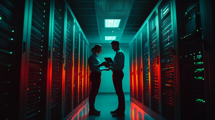 Two professionals engage in discussion in a data center illuminated by colorful lights at night