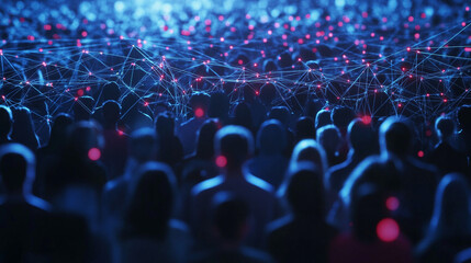 Fototapeta premium Large audience at an event with illuminated connections and digital elements in the background