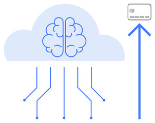 Brain enclosed in a cloud with data links extending downwards. Credit card icon with an upward arrow. Ideal for fintech, AI, cloud computing, cybersecurity, data analysis, innovation, digital