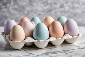 A group of pastel colored ceramic eggs arranged on a marble surface with a soft twinkling bokeh, AI Generated