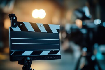 Close-up of a film clapperboard with handwritten notes, set against a blurred background of film equipment. Ample copy space for movie production or directing themes.