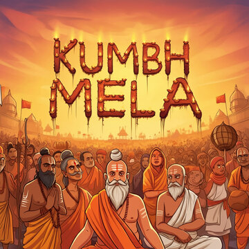 Vibrant Kumbh Mela gathering with sadhus and pilgrims under a glowing sky, representing faith, spirituality, and cultural unity in India