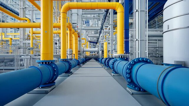 wireframe Colorful industrial pipework in a modern facility