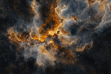 Obraz premium A swirling nebula with bright yellow and orange gas clouds against a dark starry background.
