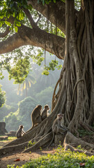 Fototapeta premium Monkey Family in a Banyan Tree