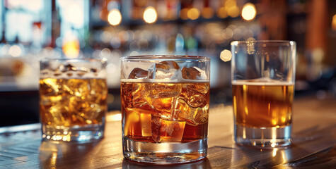 3 cups, beer, vodka and whiskey, in background blur bar.