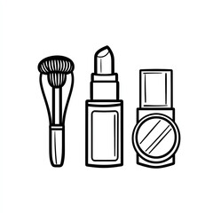 A black and white drawing of makeup brushes, lipsticks and a mirror