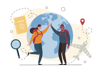 People with international travel. Man and woman with backpacks against backdrop of planet and airplane. Holiday and vacation, travel and tourism. Flat vector illustration isolated on white background