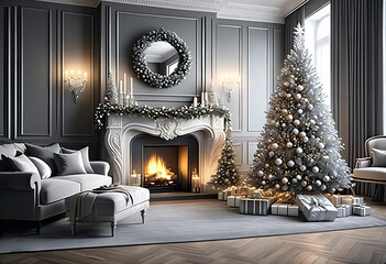 Living room decorated for Christmas with silver theme Christmas tree, fireplace and sofa. Christmas image. Card design. 銀色のテーマのクリスマスツリーと暖炉とソファーのあるクリスマスの飾りをしたリビングルーム。クリスマスのイメージ。カードデザイン。