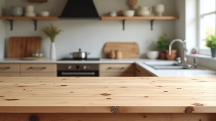 Kitchen counter wooden table natural finish clean uncluttered