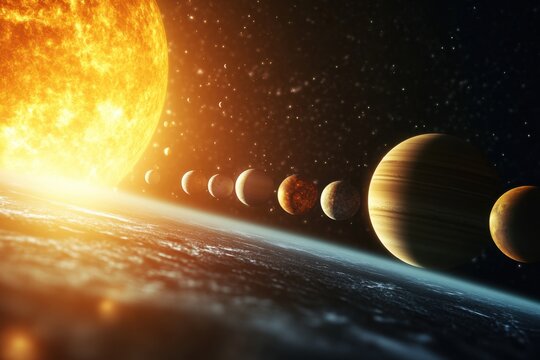 A vibrant, detailed, and realistic depiction of the solar system with a large sun at the horizon and the planets aligned in order from the sun outward.