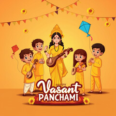 A festive depiction of Vasant Panchami with children celebrating, flying kites, and worshiping Goddess Saraswati