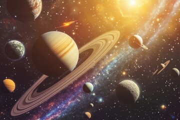 A vibrant illustration depicting a solar system with planets, rings, stars, and a bright sun.