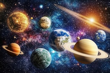 A vibrant illustration of the planets of our solar system, orbiting a bright sun against a backdrop of stars.