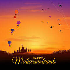 Fototapeta premium A serene evening with colorful kites adorning the sky against a temple-studded landscape, celebrating Makar Sankranti