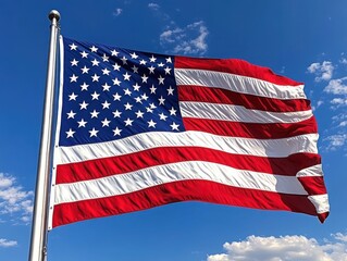 Fototapeta premium Beautiful American Flag Waving in a Clear Blue Sky, Symbolizing Freedom and Patriotism, Capturing the Spirit of the United States of America in Stunning Detail