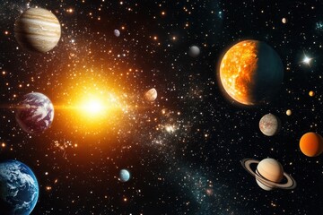 A vibrant illustration of the solar system with a glowing sun and planets.