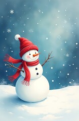 Fototapeta premium Christmas card with a snowman in vintage style. Snowman in a hat and scarf is standing on the snow.