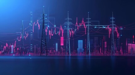 Energy infrastructure with financial chart overlays, electricity industry and stock market interaction, futuristic city background