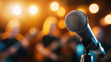 Choir performing in harmony under stage lights, close-up of microphone with blurred singers in background, unity in music