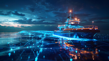 AI generated 3d image of commercial boat with a hologram technology screen background