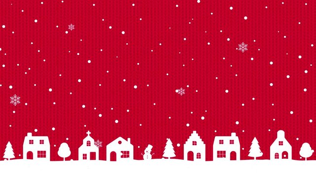 Animated Christmas vector background with houses and trees in snow