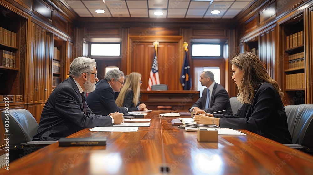 Aufkleber a conference room where a language interpreter works with attorneys to speak with a witness.