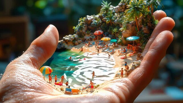 A stunning miniature beach scene comes to life in a person's hand, showcasing vibrant umbrellas, tiny figures enjoying the sun, and gentle waves lapping at the shore during golden hour.