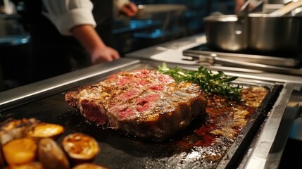 A juicy steak with herbs and roasted vegetables is being cooked on a hot griddle in a professional kitchen.
