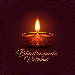 Artistic depiction of a glowing diya with "Bhadrapada Purnima" text, symbolizing light, devotion, and spiritual enlightenment