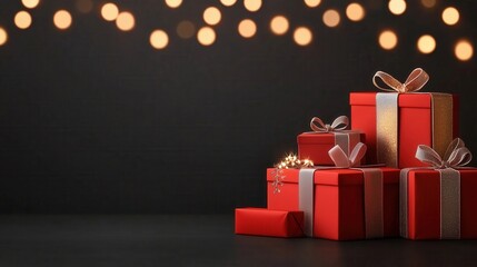 A festive arrangement of beautifully wrapped red gifts with elegant ribbons, perfect for holiday celebrations and joyful moments.