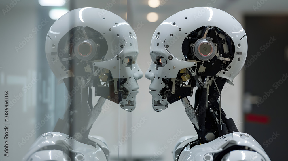 Poster ai robot looking at its reflection in science lab