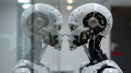 AI robot looking at its reflection in science lab