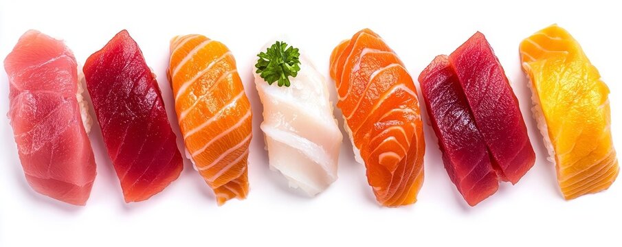 A colorful assortment of sushi featuring various types of fish arranged neatly. Perfect for showcasing culinary artistry and seafood presentation.