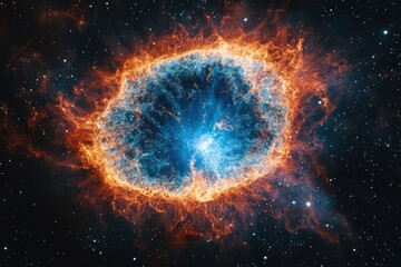 Fototapeta premium A vibrant nebula with a bright blue core and fiery orange edges against a black starry background.