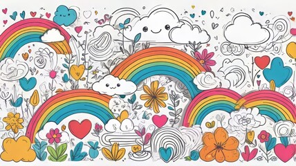 Flower, heart, cloud children draw style design elements background. Vector illustration