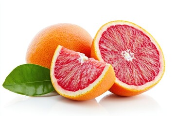 A whole red grapefruit with half and a quarter slice isolated on a white background.