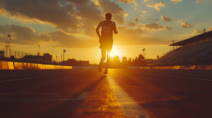 Athletic runner silhouette training in a stadium at sunset, preparing sports competition