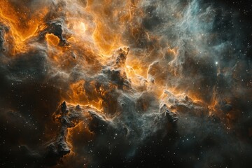 Obraz premium A vibrant nebula with bright orange and blue gas clouds and scattered stars.