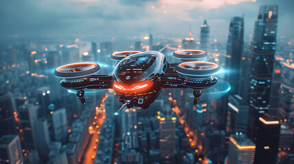 Autonomous driverless aerial vehicle flying on city background, Future transportation with 5G technology concept