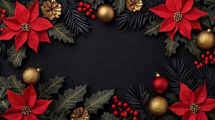 Elegant Christmas Border Red Poinsettia Gold Ornaments Holly Black Background