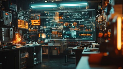 Fototapeta premium A futuristic workspace featuring advanced technology and data displays.