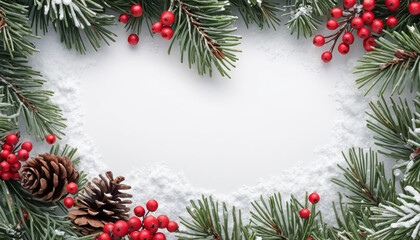 "Festive Christmas card on a white surface, decorated with cherry tomatoes, leaf's with space for text."