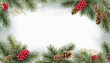 Christmas background with fir branches and cones and has space for texts 